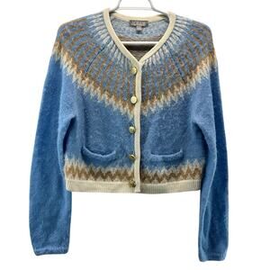 J. Crew Fair Isle Cardigan Sweater Brushed Yarn Alpaca Blue Small